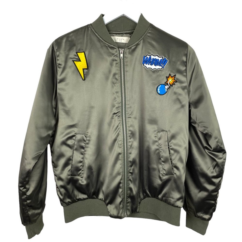 ELODIE Womens XS Army Green Satin Bomber Jacket Patches Bomb Wham Bolt Pockets